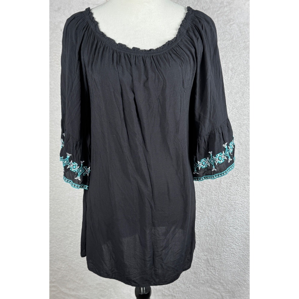 Umgee Women Embroidered Peasant‎ Top Boho Peasant Blouse 3/4 Sleeve Black Size L